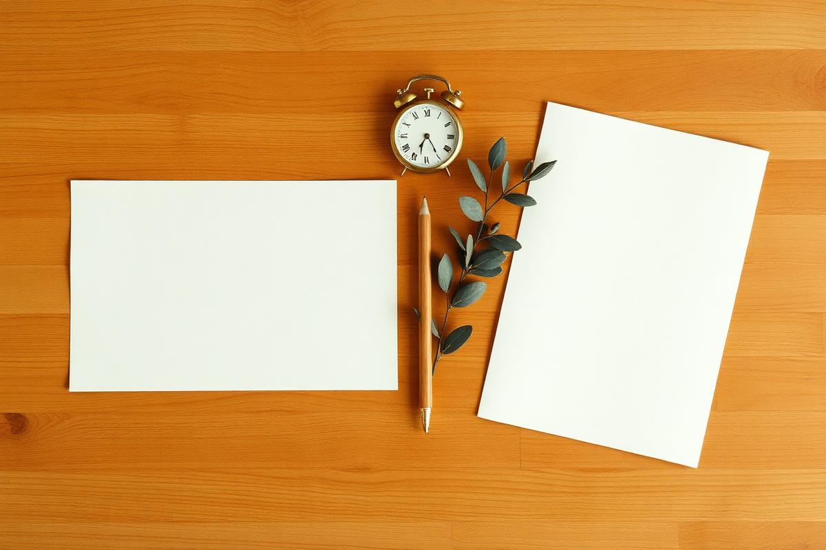 Feuilles de planning, crayon et petite horloge posés sur une table en bois
