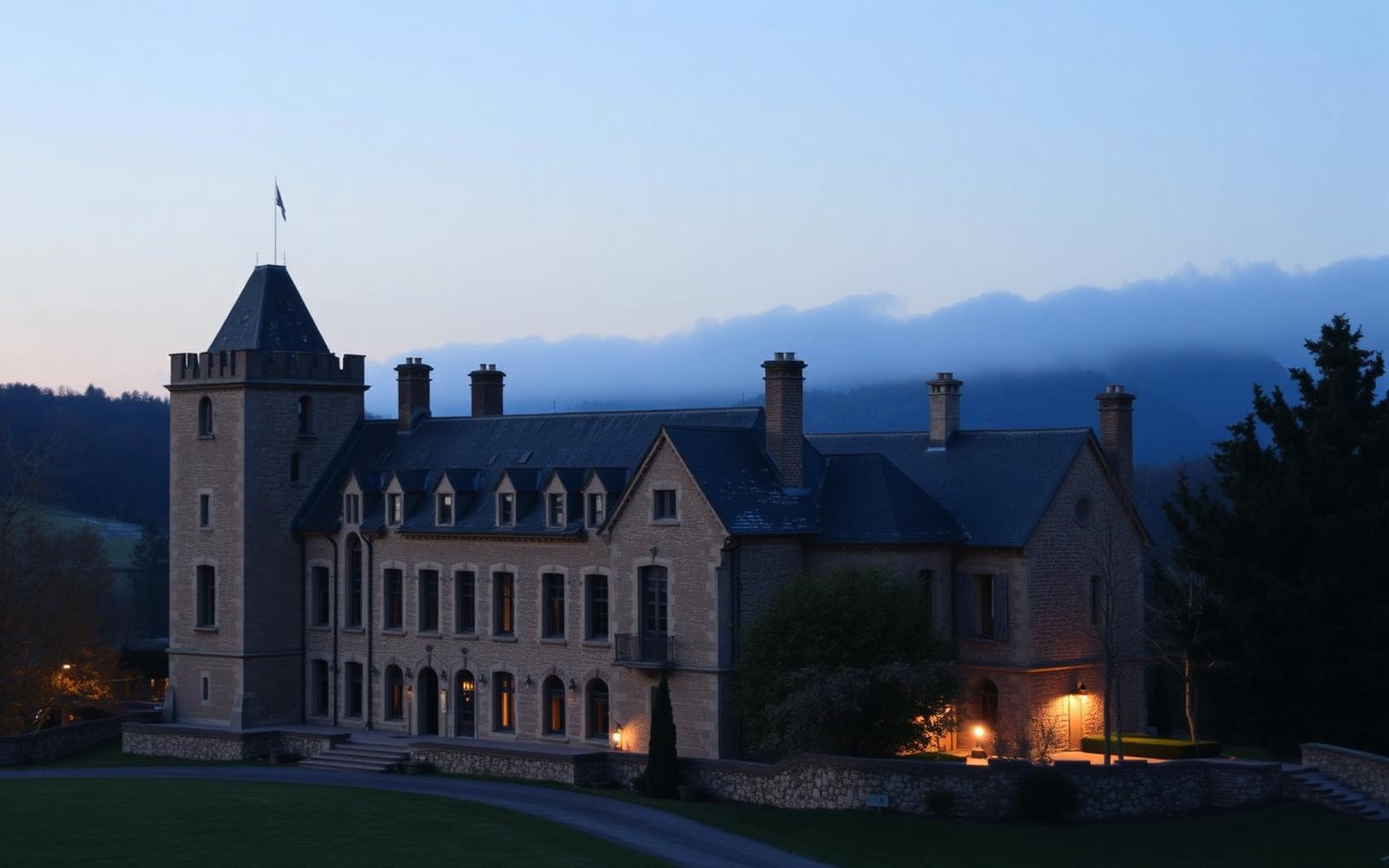 Château historique en pierre au crépuscule, entouré de collines