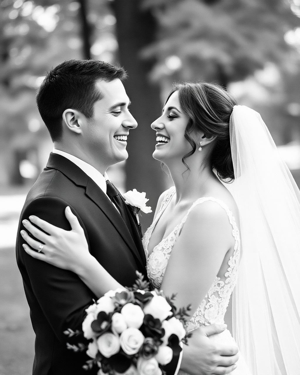 Couple de mariés rieur, photo argentique noir et blanc